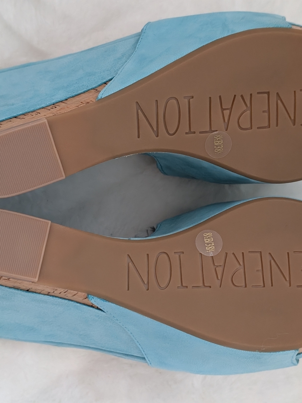NWOT BCBGeneration "Rexx" Blue Suede Open-Toe Cork Wedge Slide Sz 8.5 - Picture 7 of 11